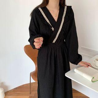 Puff-sleeve Contrast Trim Midi A-line Dress