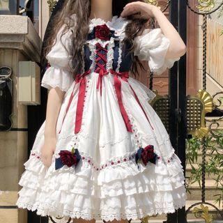 Flared-sleeve Lace Up Blouse / Flower Lace Trim Overall Dress / Headpiece / Flared-sleeve Bow Accent A-line Dress / Set