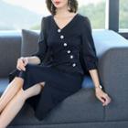 3/4-sleeve Button-up A-line Dress