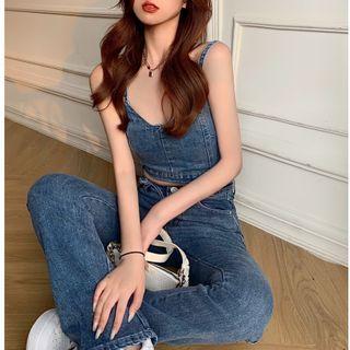 Short-sleeve Plain Slim-fit T-shirt / Sleeveless Denim Cropped Top / Slim-fit Jeans