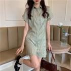 Short-sleeve Mini A-line Shirt Dress Green - One Size
