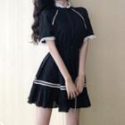 Striped Lace Trim Short-sleeve A-line Dress Black - One Size