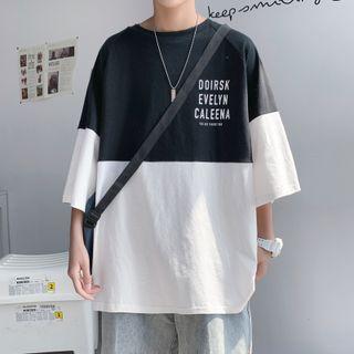 Elbow-sleeve Lettering Two Tone T-shirt
