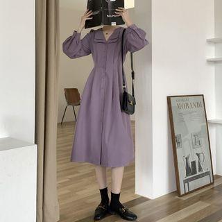 Long-sleeve Collar Button-up Midi A-line Dress