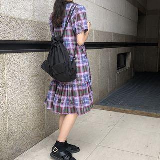 Plaid Short-sleeve Ruffle Hem Shift Dress Plaid - Purple - One Size