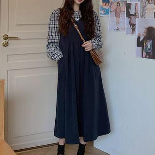 Set: Check Blouse + Plain Jumper Dress
