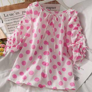 Tie-sleeve Dotted Loose Top Pink - One Size