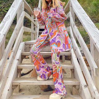 Set: Color Block Print Shirt + Flare Pants