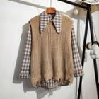 Set : Round-neck Ripped Knit Vest + Plaid Shirt