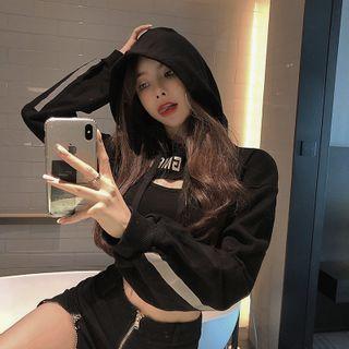 Lettering Cropped Hoodie Black - One Size