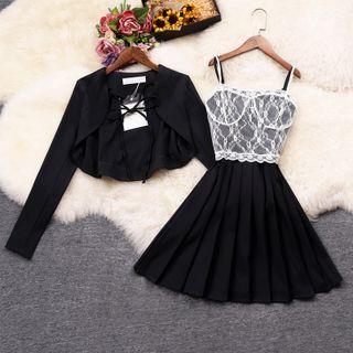 Set: Cropped Blazer + Spaghetti-strap Pleated Mini A-line Dress