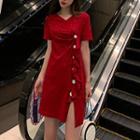 Short-sleeve Ruffle Buttoned Mini Split A-line Dress