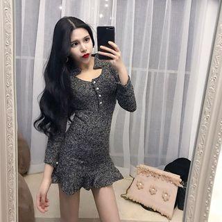 Long-sleeved V-neck Plain Slim Sheath Dress