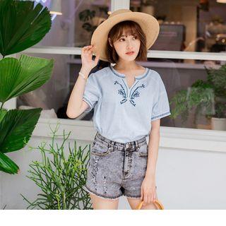 Embroidered Short Sleeve Striped Top