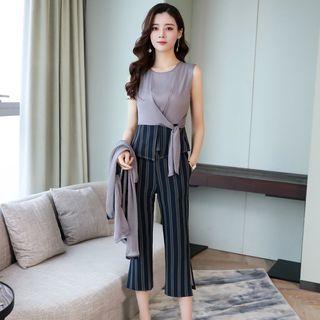 Set: Striped Panel Tank Top + Cropped Boot-cut Pants + Open-front Jacket