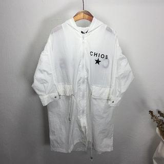 Lettering 3/4 Sleeve Hooded Long Jacket