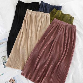 Plain High-waist Pleated Midi Skirt