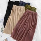 Plain High-waist Pleated Midi Skirt