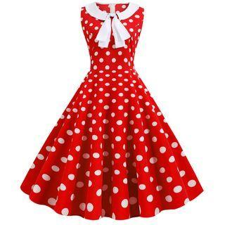 Sleeveless Dotted Bow Midi A-line Dress