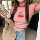Short-sleeve Cherry Print Knit Crop Top Pink - One Size