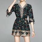 Floral V-neck 3/4-sleeve Playsuit