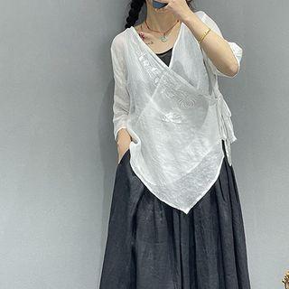 Elbow Sleeve Embroidered Wrapped Top