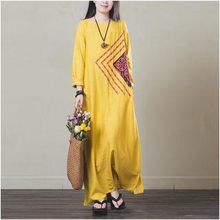 Print Long-sleeve Dress / Plain Scarf