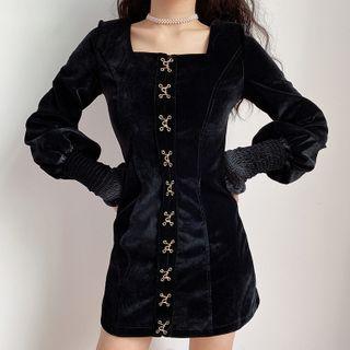 Balloon-sleeve Hook And Eye Mini Velvet Dress