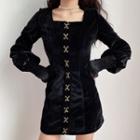 Balloon-sleeve Hook And Eye Mini Velvet Dress