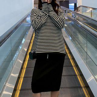 Set: Striped Knit Top + Midi Straight-fit Skirt