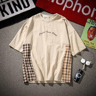 Elbow-sleeve Plaid Paneled Letter T-shirt
