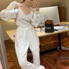 Long-sleeve Plain Cardigan / V-neck Top / Wide-leg Pants