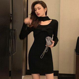 Mock-turtleneck Cut-out Ribbon Mini Knit Dress