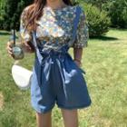 Set: Puff Sleeve Floral Print Top + Jumper Shorts