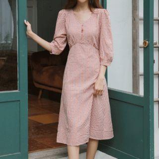 V-neck Beribboned Gingham Midi Dress