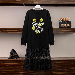 Long-sleeve Mesh Panel Print Knit Midi Dress