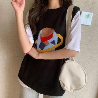 Sleeveless Planet Print Knit Top Black - One Size