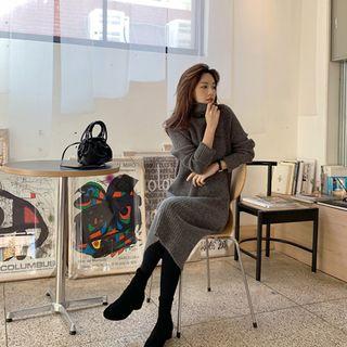 Turtle-neck Ribbed Knit Dress Dark Gray - One Size
