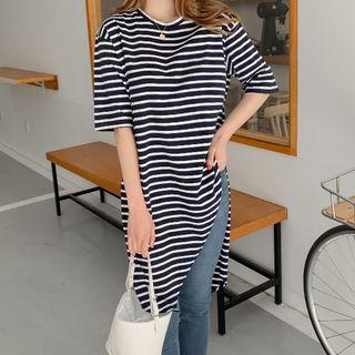 Deep-slit Striped Long T-shirt