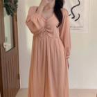 Long-sleeve V-neck Midi A-line Dress Champagne Tangerine - One Size