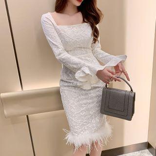 Flared-cuff Fluffy Trim Floral Embroidered Sheath Dress