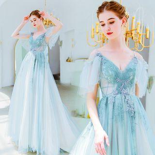 Cutaway-shoulder Embroidered Evening Gown