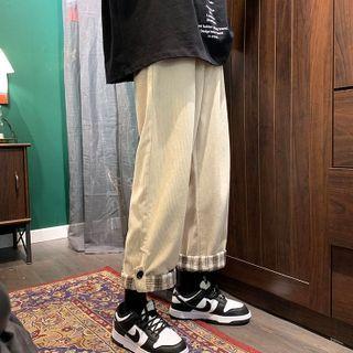 Plaid Panel Corduroy Loose Fit Pants