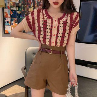 Short-sleeve Perforated Striped Collared Knit Top / High-waist Shorts