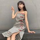 Plaid Chinese Frog Button Spaghetti Strap Midi A-line Dress As Shown In Figure - One Size