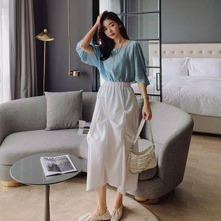 Elbow-sleeve Faux Pearl Accent Top