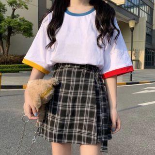 Elbow-sleeve Contrast Trim T-shirt / Skorts