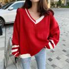 V-neck Color Block Sweater Red - One Size