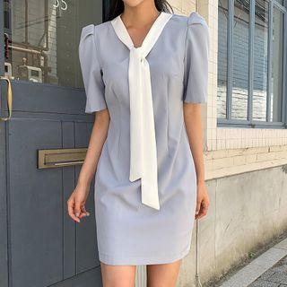 Tie-neck Puff-sleeve Dress