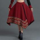 Asymmetrical Embroidered Lace Trim A-line Skirt Wine Red - One Size